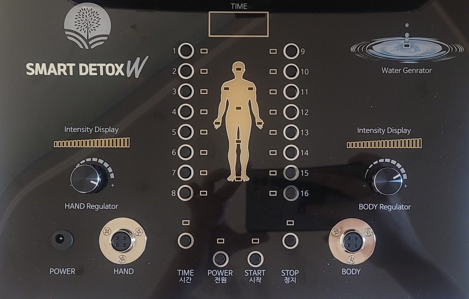 스마트 디톡스 W 조작부 — 코드 버튼 1~16, TIME 표시창, 핸드·바디 강도 표시와 조절 다이얼, Water Generator