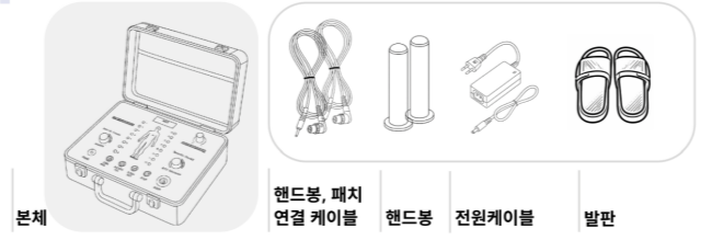 스마트 디톡스 W 구성품 — 본체, 핸드봉·패치 연결 케이블, 핸드봉, 전원케이블, 발판